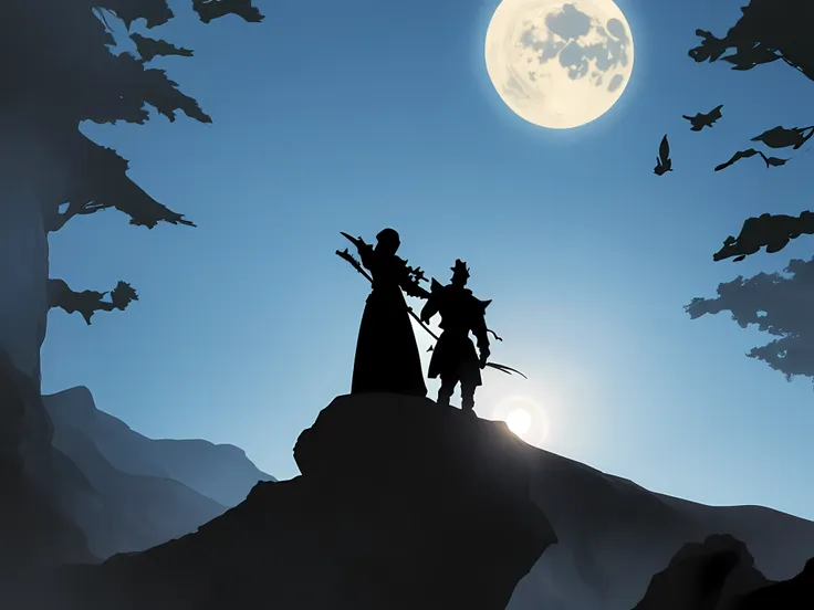 2 men in armor standing on a cliff, moon in background, bold line art, figures fighting in the distance, people on the right pin...