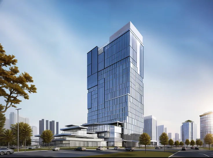 high-rise office rendering, split-level, interspersed, top-floor greening, non-large area glass curtain wall rendering, metal cu...