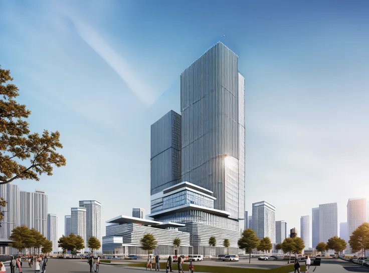 tower, split-level, metal curtain wall, protruding eaves, roof greening, sunny day, high-rise office rendering, non-large area g...