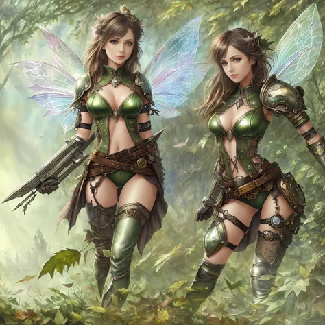 ((a fantasy fairy with a mechanical arm wearing alternate costume of torn green leaf)), translucent, shy and seductive wings, full body, natural pose, art by Luis Royo, freedom, digital illustration, (steampunk style), perfect anatomy, symmetrical face, we...