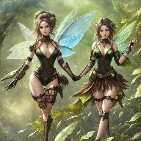 ((a fantasy fairy with a mechanical arm wearing alternate costume of torn green leaf)), translucent, shy and seductive wings, full body, natural pose, art by Luis Royo, freedom, digital illustration, (steampunk style), perfect anatomy, symmetrical face, we...