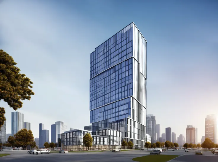 high-rise office rendering, split-level, interspersed, top-floor greening, non-large area glass curtain wall rendering, metal cu...