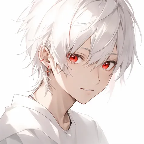 anime boy with white hair and red eyes staring at the camera, glowing red eyes