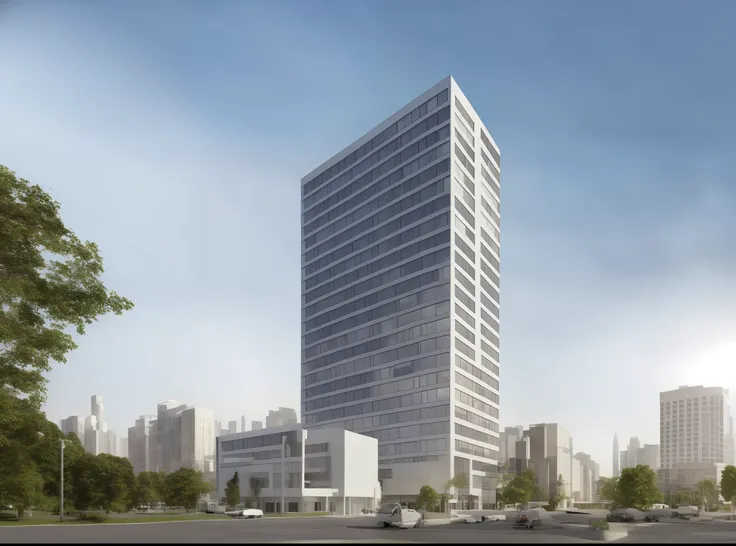 high-rise office rendering, split-level, interspersed, top-floor greening, non-large area glass curtain wall rendering, metal cu...