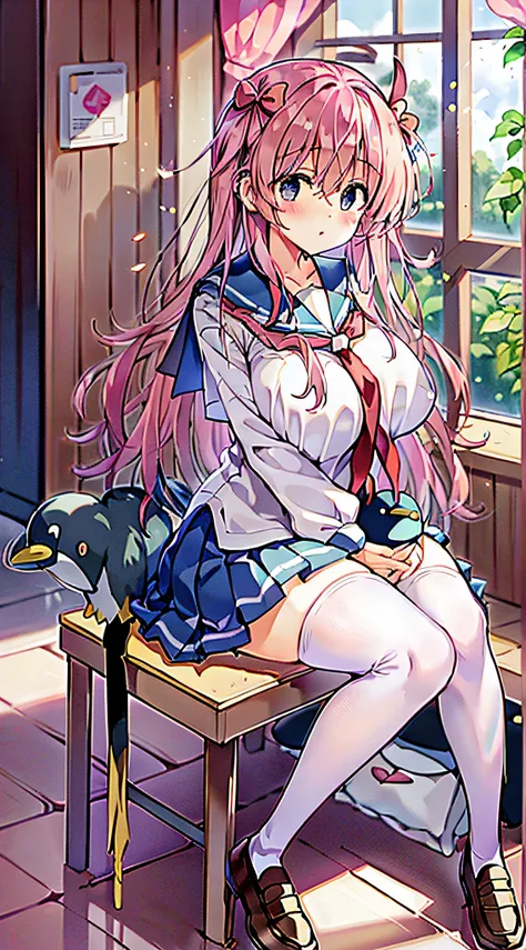 nodokaharamura, 1girl, solo, pink medium hair, big breasts, red ribbon, school uniform, stockings, loafers, penguin specimen, indoor, sitting, holding penguin specimen,
