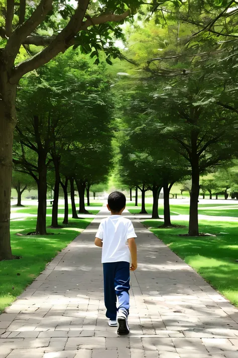 guttonerdreliberate1, scene where a 3-year-old boy wearing glasses is taking a walk on a jogging path in a bustling park. The boys face would be depicted with intricate details, highlighting his innocence and curiosity. He would be dressed in sporty attire...