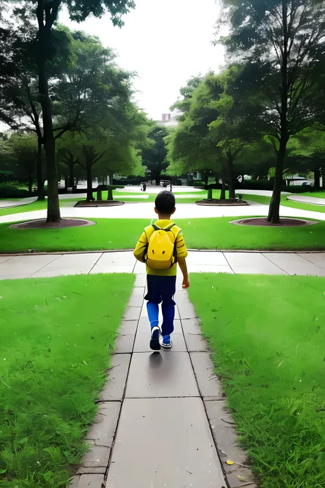guttonerdreliberate1, scene where a 3-year-old boy wearing glasses is taking a walk on a jogging path in a bustling park. The boys face would be depicted with intricate details, highlighting his innocence and curiosity. He would be dressed in sporty attire...