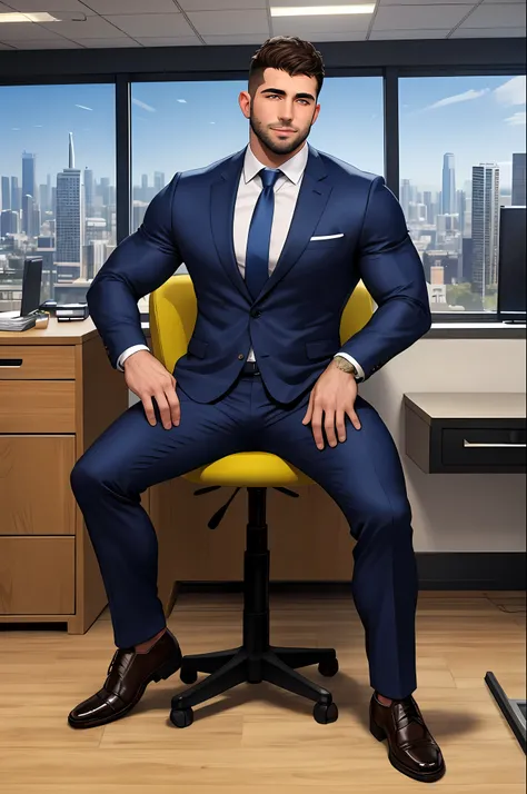 a handsome muscular middle eastern man sitting in the office,crew cut,business suit,windows,cityscape,full body, 25 year old mal...