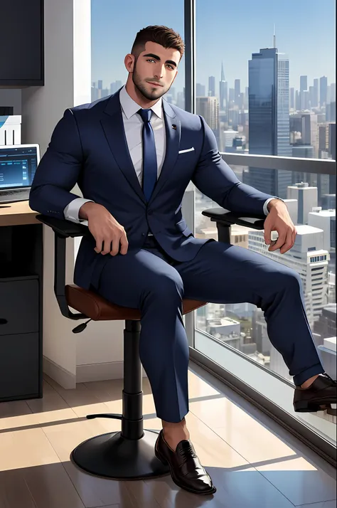 a handsome muscular middle eastern man sitting in the office,crew cut,business suit,windows,cityscape,full body, 25 year old mal...