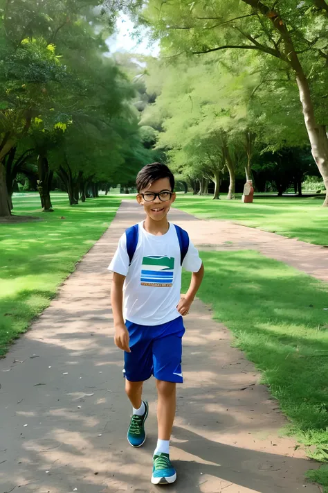 guttonerdreliberate1, a scene in which a 3-year-old boy wearing glasses is walking toward the camera on a jogging track in a busy park. The boys face would be portrayed in intricate detail, showing his innocence and determination as he took every step forw...