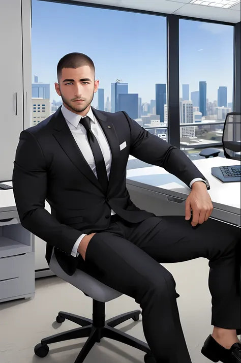 a handsome muscular middle eastern man sitting in the office,crew cut, black business suit, white tie, windows,cityscape,full bo...