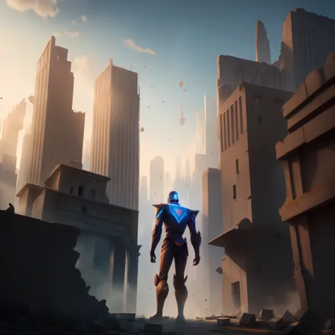 Viego, a robot, on the ruins of a metropolis