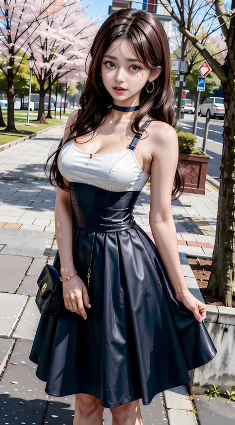 masterpiece, superb piece, full body, 1girl, bangs, black choker, black tie, black hair, blue dress, blush, bracelet, beautiful ...