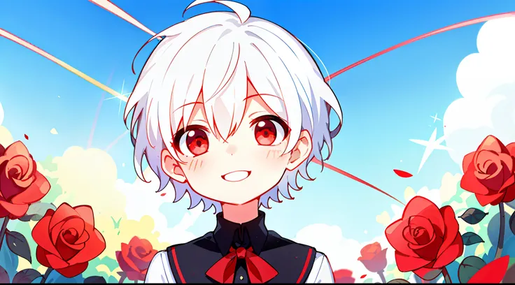 (high-quality, breathtaking),(expressive eyes, perfect face), short, young boy, short hair, white hair, red eyes, smiling, black school uniform, wear short shorts, urban setting, sunshine, blue sky, shine, glow, red roses.