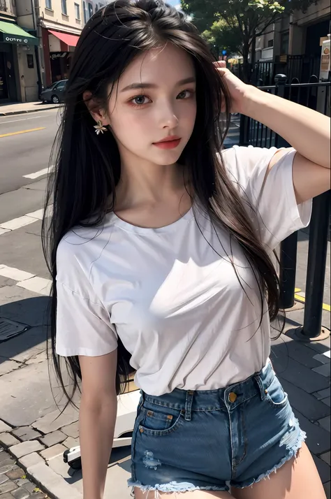 Best Quality, Masterpiece, Ultra High Resolution, (Realistic: 1.4), Original Photo, (Evening Street), 1 Girl, Black Eyes, Long Hair, Light Makeup, Lips, Small Ears, White T-Shirt, Denim Shorts, Beautiful Woman in Perfect Shape: 1.4, (Outdoor, Seaside: 1.1)...