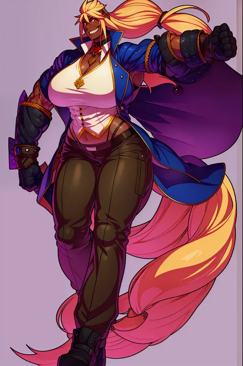 muscle girl,huge breast,, tall female, ,pants, solo focus, 1character, portrait full body,dark skinned female, , vest, coat, walking, medieval clothing, long hair, blond hair,, open mouth smile, revealing cloths, , berserker, warrior,portrait, full body, w...