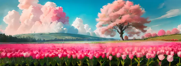 there is a painting of a field of pink tulips and a tree, a beautiful landscape, beautiful landscape, pink landscape, natural la...