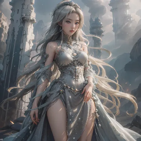 a woman in a silver dress posing for a picture, concept art by raymond han, cgsociety contest winner, fantasy art, ((a beautiful...