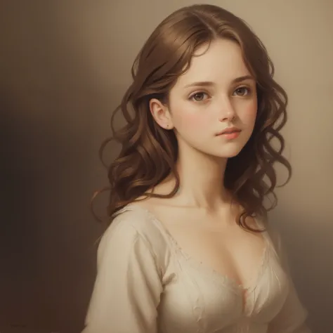1girl, beautiful teenage girl, very small breasts, short wavy brown hair, portrait, oil painting, modern, realistic proportions, intricate, intricate details, sharp focus