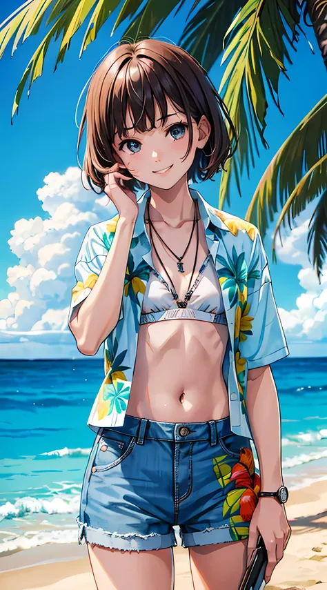 (short sleeve hawaiian shirt, aloha shirt:1.3), (open shirt, smile:1.4), masterpiece, best quality, cowboy shot, denim hotpants, thighs, beautiful girl, beach, blue sky and sea, looking at viewer, small waist, 8k, official art, raw photo, incredibly absurd...