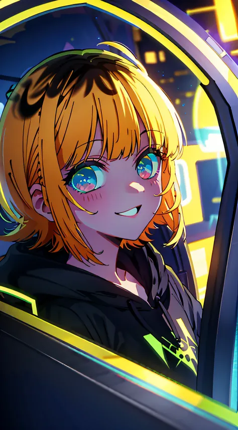 detailed background, masterpiece, best quality, smile, ornament, hoodie, portrait, yellow neon, graffiti, dark, night, glowing eyes, blacklight