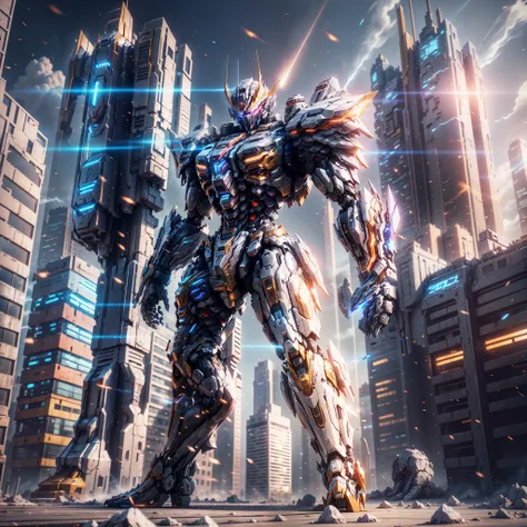 Super Mech, Warrior, Tall Building, Energy Cannon Fire, Tall and Mighty, Solid Armor, Futuristic Technology, Sharp Lines, Dynamic Styling, Mechanical Joints, Armor Plates, Sensors, Energy Weapons, Blazing Energy, Sparkling Light, Explosion Effects, Smoke, ...
