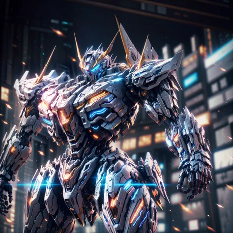 A Super Mech Warrior, Tall Building, Energy Cannon Fire, Tall and Mighty, Solid Armor, Futuristic Technology, Sharp Lines, Dynamic Styling, Mechanical Joints, Armor Plates, Sensors, Energy Weapons, Blazing Energy, Sparkling Light, Explosion Effects, Smoke,...