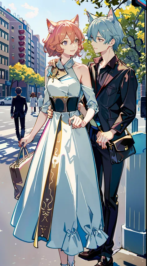 Masterpiece, Superb Product, 2 People, Summer, Couple, 1Man with 1Woman, Mature, Adult, Height Difference, Different Fashion, Different Skin Tone, Delicate Eyes and Delicate Face, Intricate Details, Modern Urban Street, Smile, Happy Love, Warm, Intimate, D...