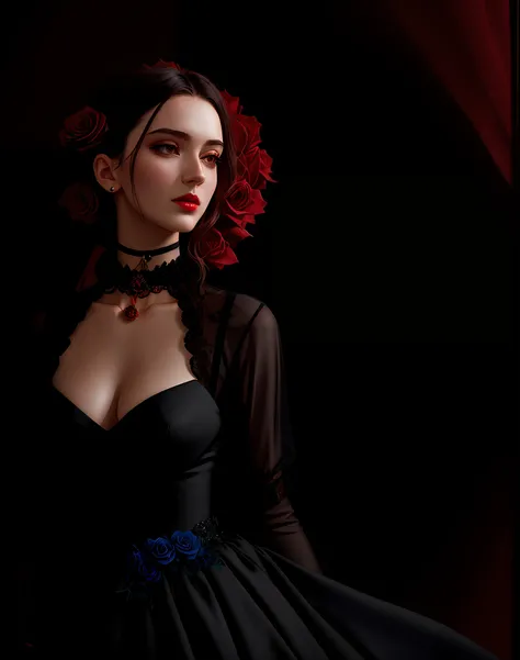 4K, Masterpiece, highres, absurdres,photorealistic, edg_choker, a woman wearing a black dress and a red rose choker , edg_choker around the neck,cowboy shot,
