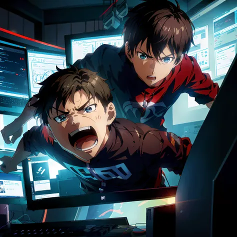 anime characters in a computer room with monitors and a keyboard, kawacy, badass anime 8 k, official anime still, anime key visu...