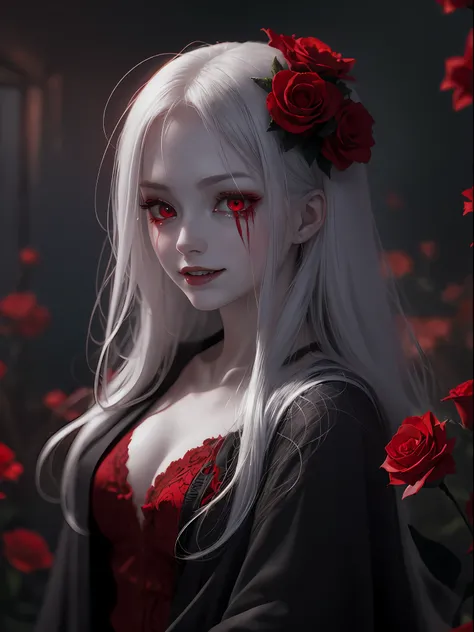 (reminiscent, captivating, and dreamy atmosphere),(malicious gaze with red eyes, porcelain skin, a mischievous smile), their decomposing face with exposed teeth, Crying blood, Red Flowers