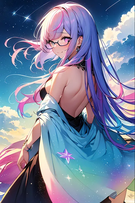 (Masterpiece, Best Quality, Best Quality, Medium Watercolor Painting), Official Art, Beautiful and Aesthetic: 1.2), (1 Girl: 1.3), (Fractal Art: 1.3), (Full Body)), Back (Iridescent Hair, Colorful Hair, Half Blue and Half Pink Hair: 1.2), Water, Liquid, Cl...