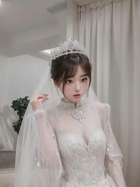 a close up of a woman in a wedding dress with a veil, wearing tiara, wearing crystal fractal tiara, wenfei ye, wearing a wedding dress, cai xukun, sha xi, ulzzang, xintong chen, with crown, veil, guweiz, inspired by Kim Jeong-hui, wearing a crown and suit,...