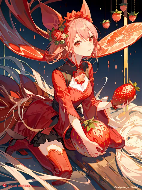 there is a woman in a red dress holding two large strawberries, japanese pop surrealism,japanese popsurrealism, holding a giant strawberry,HD,4k,masterpiece,best quality,look at viewer