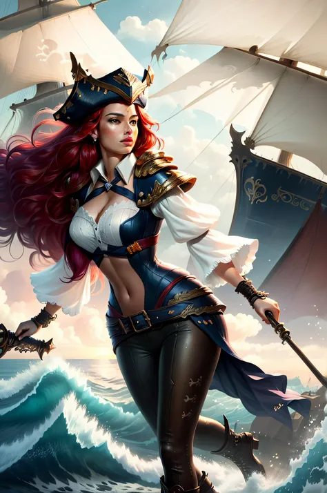 ((best quality)), ((masterpiece)), ((realistic)), (detailed), highly detailed skin, 1girl, miss fortune,  navel, midrift, stunning gradient colors, no watermark signature, detailed background, pirate ship, ocean, insanely detailed, , ((masterpiece)), absur...