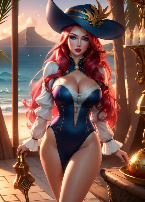 (extremely detailed CG unity 8k wallpaper,masterpiece, best quality, ultra-detailed),(best illumination, best shadow, an extremely delicate and beautiful),portrait, dynamic angle,(Miss Fortune),devilish body figure,(blue eyes,hot pink lipstick),(red and bl...