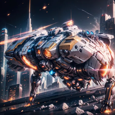 (a super mech tank), huge energy barrel on the back, facing the camera high-rise building, energy cannon fire, tall and mighty, sturdy armor, futuristic technology, sharp lines, dynamic shapes, mechanical joints, armor plates, sensors, energy weapons, blaz...