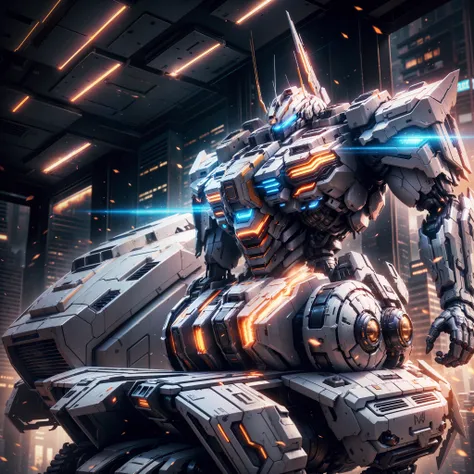 (a super mech tank), huge energy barrel on the back, facing the camera high-rise building, energy cannon fire, tall and mighty, sturdy armor, futuristic technology, sharp lines, dynamic shapes, mechanical joints, armor plates, sensors, energy weapons, blaz...