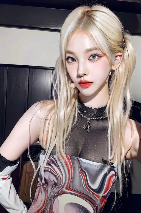 (8k, 4k, best quality, highres, ultra high res:1.1), (masterpiece, realistic, photo-realistic:1.1), 1girl, face, close-up, twintails, blonde hair, black eyes, red lips, (looking at viewer:1.5), absurdly long hair, long eyelashes, eyeshadow, small face, ...