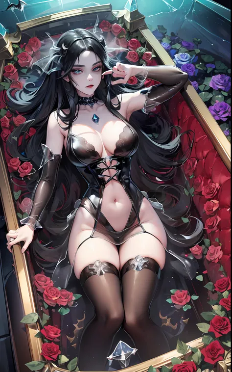 1girl, adult woman, black hair, long hair, blue eyes, big breasts, black victorian princess dress, flowing elegant dress, inside a coffin made of glass, (((transparent vampire coffin with closed lid))) , (long coffin), girl locked in the coffin, seabed in ...