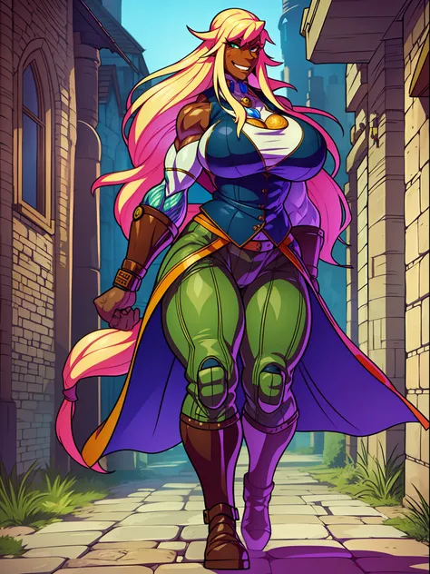 muscle girl,huge breast,, tall female, ,pants, solo focus, 1character, portrait full body,dark skinned female, , vest, coat, walking, medieval clothing, long hair, blond hair,, open mouth smile, revealing cloths, , berserker, warrior,portrait, full body, w...