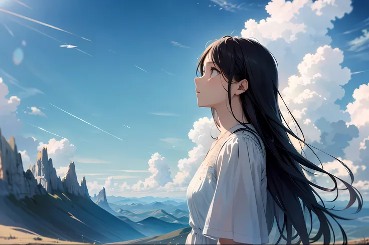 absurdres, highres, (official art, beautiful and aesthetic:1.2), close view,
shining sky, vast world, girl, gazing, awe-inspirin...