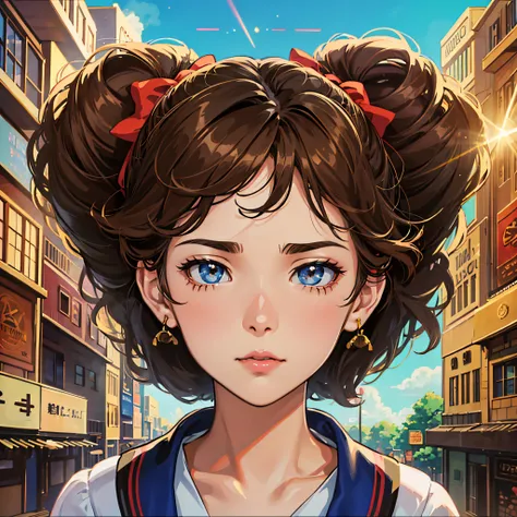 menina africana, 2 anos, brown hair, hair bow, serious, American propaganda poster, anime, Ghibli-like colours, anime style, cinematic lighting, framed, first-person view, lens flare, depth of field --auto --s2