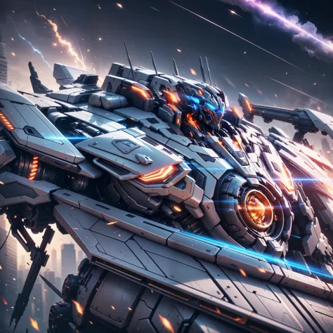 (a super mech sports car), a large amount of energy short barrel on the back, facing the camera, tall buildings, energy cannon fire, tall and mighty, solid armor, futuristic technology, sharp lines, dynamic shapes, mechanical joints, armor plates, sensors,...