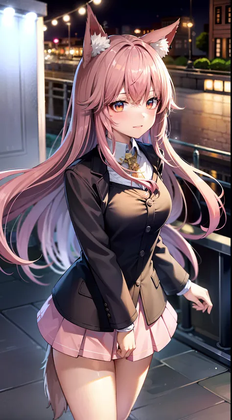 (8k, RAW photo, high sensitivity, best quality, masterpiece, super high resolution, photorealistic: 1.25), full body, dog ears, (night), walking, city lights, ((pink hair)), high school girl, detailed eyes, pink cute uniform! 9 life, smile, deep landscape,...