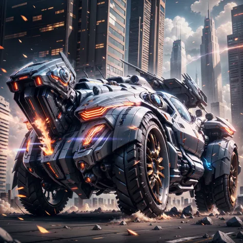 (a super mech sports car), a large amount of energy short barrel on the back, facing the camera, tall buildings, energy cannon fire, tall and mighty, solid armor, futuristic technology, sharp lines, dynamic shapes, mechanical joints, armor plates, sensors,...