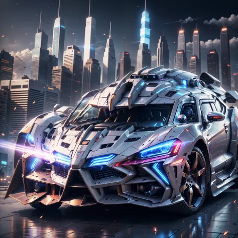 (A super mech sports car), laser energy cannon on the roof, facing the camera, tall buildings, energy cannon fire, tall and mighty, solid armor, futuristic technology, sharp lines, dynamic shapes, mechanical joints, armor plates, sensors, energy weapons, b...