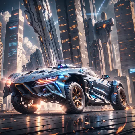 (a super mech sports car), laser energy cannon on the roof, facing the camera, tall buildings, energy cannon fire, tall and migh...