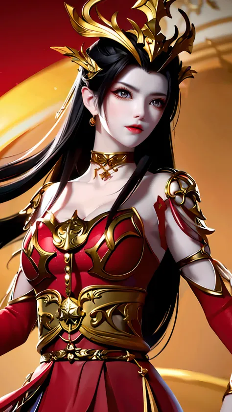 excellent, masterpiece, black hair, golden eyes, red clothes, looking up, upper body, hair, fair skin, red theme