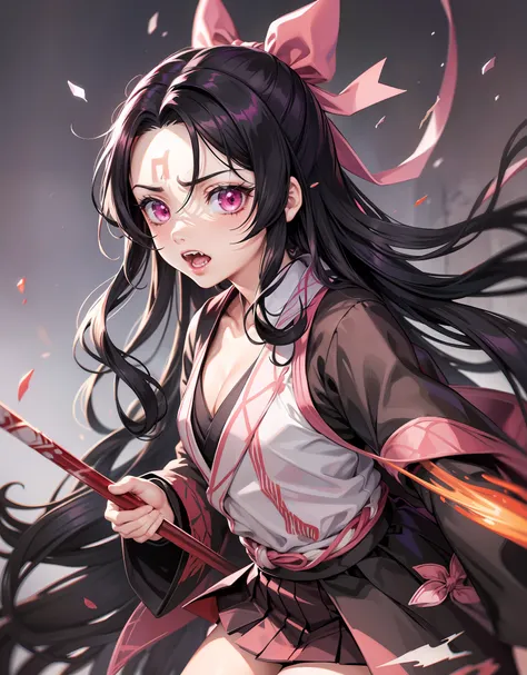 anime, hdr, soft light, ((best quality)), ((masterpiece)), (detailed), nezukods, kamado nezuko, black hair, forehead, open mouth...